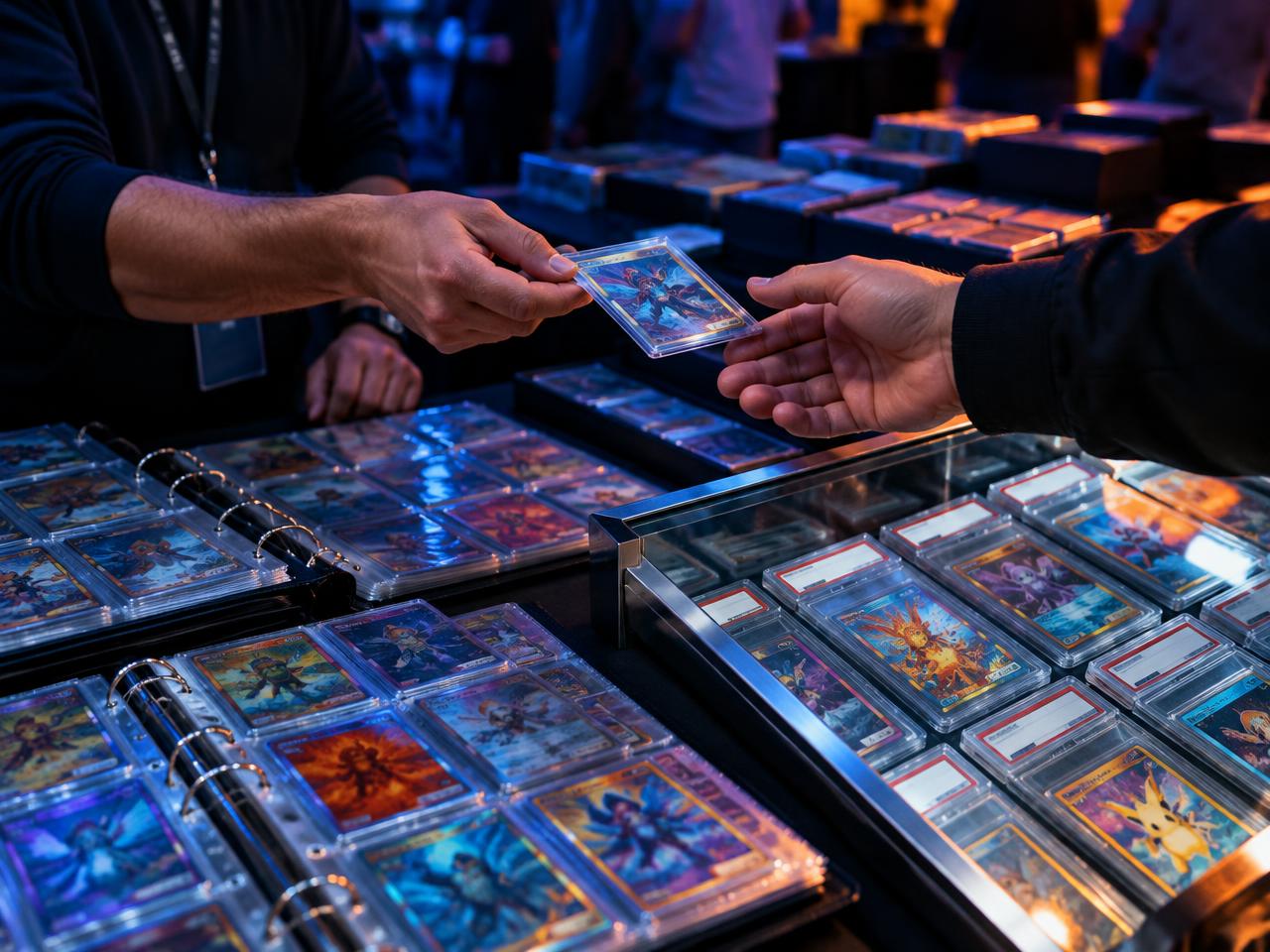 Trading cards changing hands at a vendor table